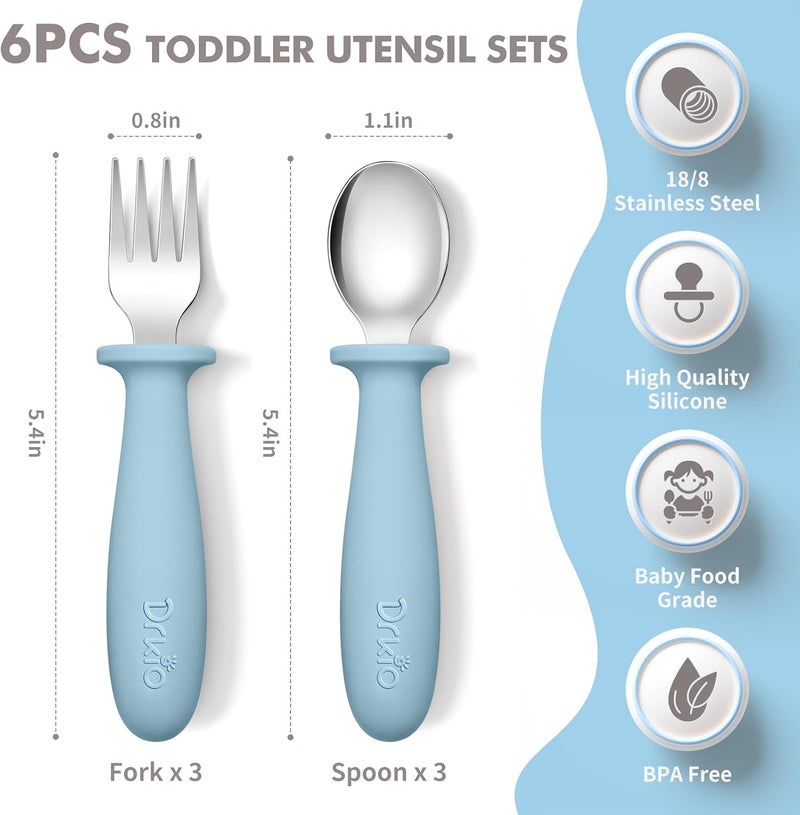 DRKIO 6 Pieces Toddler Utensils Set - Kids Silverware Set with Silicone Handle Children Safe 18/8 Stainless Steel Forks and Spoons Anti-Choke Design Food Grade Dishwasher Safe - Image 2